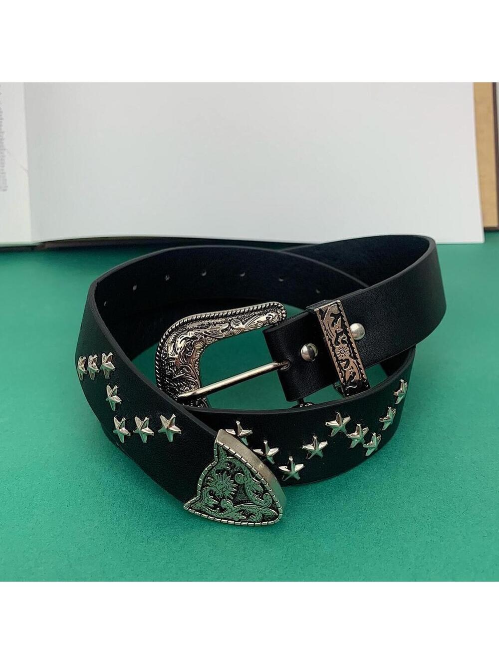 Western star studded black belt. 38.5 inches length. 1.5 inch width. Fits a - Picture 5 of 7